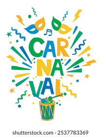 Carnaval com máscaras, tambor, estrelas, relâmpagos e confetes .Banner para a celebração do feriado do carnaval brasileiro e convite para a festa com as cores azul, amarelo e verde.