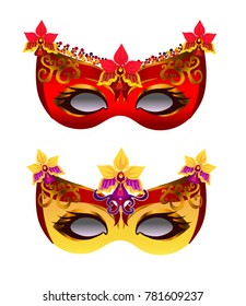 Carnival masks with exotic flowers isolated on white.
