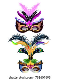 Carnival masks with feather and flowers isolated on white.