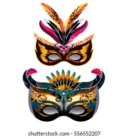 Carnival masks with feather isolated on white.