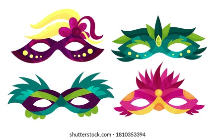 Máscaras de carnaval con plumas y conjunto de vectores de elementos decorativos