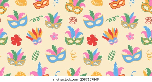 Carnival masks with feathers. Seamless pattern with masquerade and doodle elements