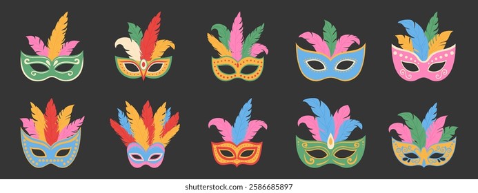 Carnival masks with feathers. Set of masquerade elements