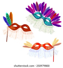 Carnival masks with feathers and veil for masquerade on a white background