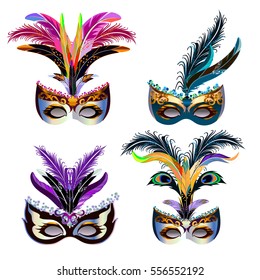 Carnival masks icons set with feather isolated on white.