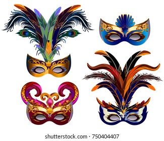 Carnival masks icons set with feather isolated on white.