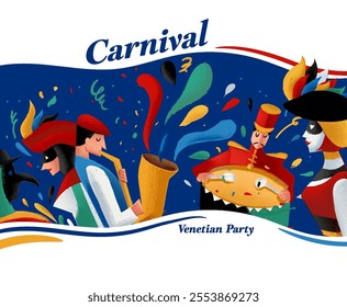 carnival masks illustration with woman in mask and musician playing saxophone and drum