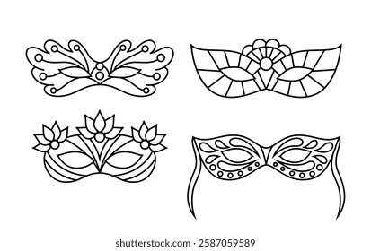 Carnival masks linear vector collection. Mardi Gras eyes masks coloring page isolated on white