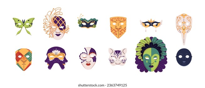 Carnival masks for Mardi Gras set. Festive masquerade. Disguise accessory for face. Facial masque in theater: moretta, volta. Venetian fashion. Flat isolated vector illustration on white background