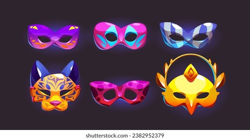 máscaras de carnaval para mascarada o fiesta de disfraces de Halloween. Ilustración vectorial de dibujos animados conjunto de teatro tradicional y festival Mardi Gras se enfrenta a elementos disfrazados con forma de animales y decoraciones.