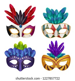 Carnival masks. Masquerade party celebration masked female vector realistic 3d pictures