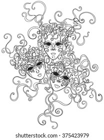 Carnival masks with ribbons on white backdrop