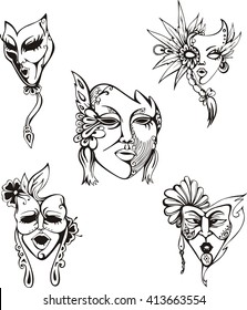 Carnival Masks Set. Black and white vector illustrations.