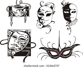 Carnival Masks Set. Black and white vector illustrations.