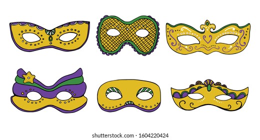 Carnival masks set in colors of Mardi gras. Colorful vector sketch illustration isolated on white background