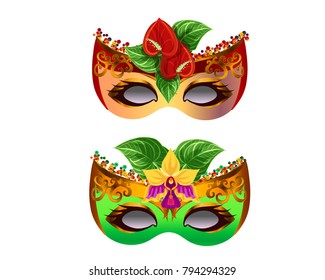 Carnival masks set with exotic flowers isolated on white.