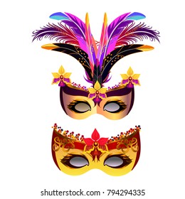 Carnival masks set with feather and flowers isolated on white.