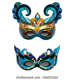 Carnival masks set with feather isolated on white.