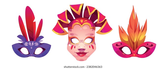 Carnival masks set isolated on white background. Vector cartoon illustration of masquerade costume elements for face decorated with colorful feather, Venice festival show, Italian traditional art