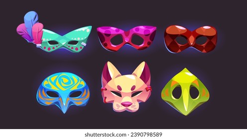 Mascarillas de carnaval aisladas en fondo negro. Dibujo vectorial de los elementos del disfraz de la fiesta de mascarada para la cara decorada con plumas y adornos, espectáculo del festival, arte tradicional de Venecia