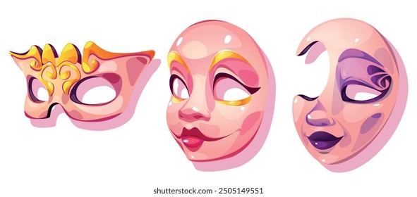 Carnival masks set isolated on white background. Vector cartoon illustration of traditional face decoration for Venice masquerade costume with golden decoration, red or purple lipstick, theater props