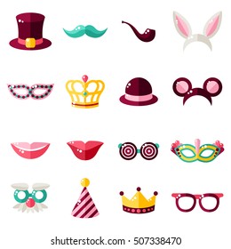 Carnival Masks Set Isolated on White Background. Vector illustration. Rabbit Ears, Detective Hat and Pipe, Smiling Lips, Princess Crown.