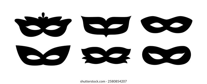 Carnival masks silhouettes. Festival costume element. Black masks shapes. Mardi Gras mask. Brazil carnival, Venice. Halloween. Masquerade. Vector icons, symbols.