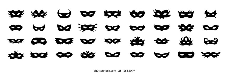 Conjunto de iconos de siluetas de máscaras de carnaval. Máscara negra simple del disfraz de los iconos, para el partido, desfile, carnaval, Halloween. Elementos de máscara signo aislado, símbolo. Ilustración vectorial