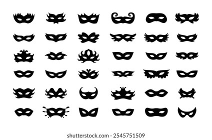 Conjunto de iconos de siluetas de máscaras de carnaval. Máscara negra simple del disfraz de los iconos, para el partido, desfile, carnaval, Halloween. Elementos de máscara signo aislado, símbolo. Ilustración vectorial