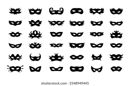 Conjunto de iconos de siluetas de máscaras de carnaval. Máscara negra simple del disfraz de los iconos, para el partido, desfile, carnaval, Halloween. Elementos de máscara signo aislado, símbolo. Ilustración vectorial