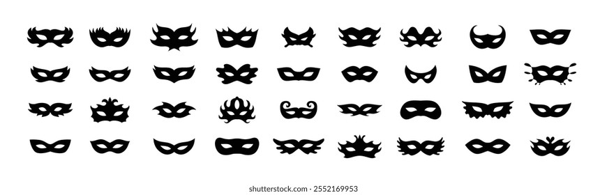 Conjunto de iconos de siluetas de máscaras de carnaval. Máscara negra simple del disfraz de los iconos, para el partido, desfile, carnaval, Halloween. Elementos de máscara signo aislado, símbolo. Ilustración vectorial