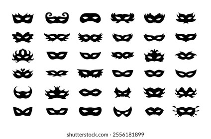 Carnival masks silhouettes icon set. Simple black icons masquerade mask, for party, parad, carnival, Halloween. Mask elements isolated sign, symbol. Vector illustration