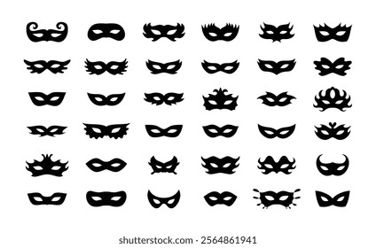 Carnival masks silhouettes icon set. Simple black icons masquerade mask, for party, parad, carnival, Halloween. Mask elements isolated sign, symbol. Vector illustration