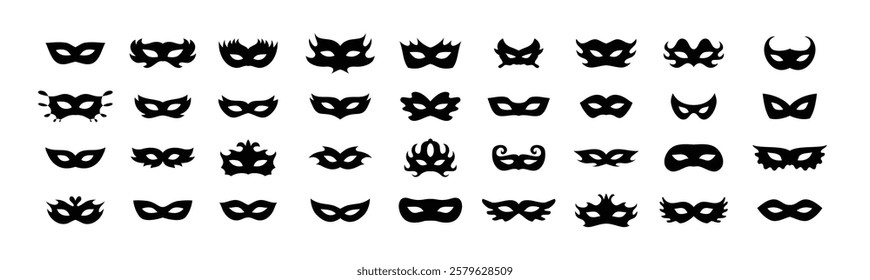 Carnival masks silhouettes icon set. Simple black icons masquerade mask, for party, parad, carnival, Halloween. Mask elements isolated sign, symbol. Vector illustration