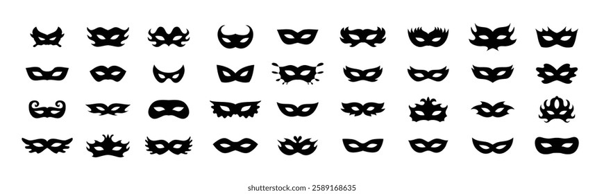 Carnival masks silhouettes icon set. Simple black icons masquerade mask, for party, parad, carnival, Halloween. Mask elements isolated sign, symbol. Vector illustration