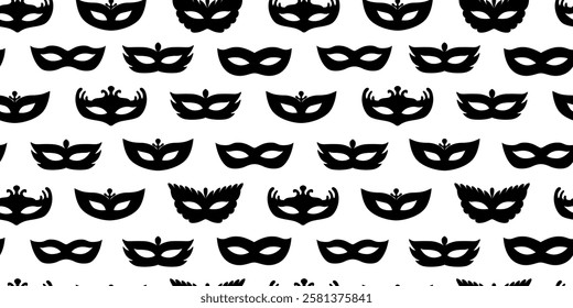 Carnival masks silhouettes seamless pattern. Festival costume elements. Black masks shapes. Mardi Gras. Brazil carnival, Venice. Halloween. Vector ibackground, wallpaper, digital paper.