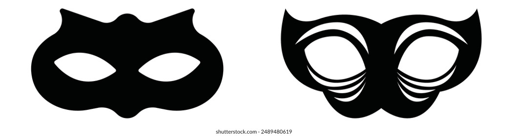 carnival masks silhouettes. Simple black icons of masquerade masks, for party, parade and carnival, for Mardi Gras and Halloween. Mask elements can be used as isolated sign, symbol or icon.