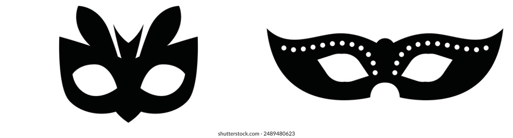 carnival masks silhouettes. Simple black icons of masquerade masks, for party, parade and carnival, for Mardi Gras and Halloween. Mask elements can be used as isolated sign, symbol or icon.