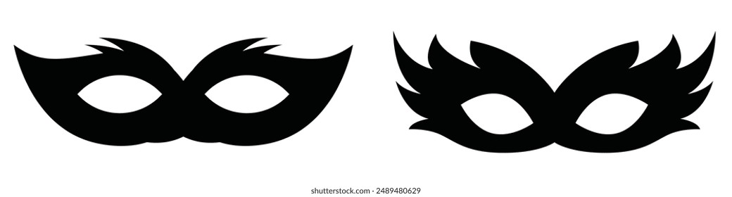 carnival masks silhouettes. Simple black icons of masquerade masks, for party, parade and carnival, for Mardi Gras and Halloween. Mask elements can be used as isolated sign, symbol or icon.