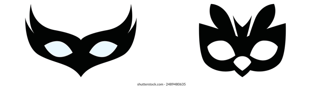 carnival masks silhouettes. Simple black icons of masquerade masks, for party, parade and carnival, for Mardi Gras and Halloween. Mask elements can be used as isolated sign, symbol or icon.