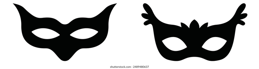 carnival masks silhouettes. Simple black icons of masquerade masks, for party, parade and carnival, for Mardi Gras and Halloween. Mask elements can be used as isolated sign, symbol or icon.