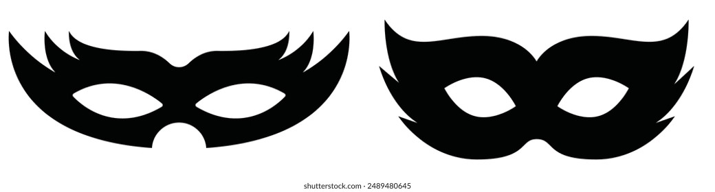 carnival masks silhouettes. Simple black icons of masquerade masks, for party, parade and carnival, for Mardi Gras and Halloween. Mask elements can be used as isolated sign, symbol or icon.