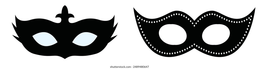 carnival masks silhouettes. Simple black icons of masquerade masks, for party, parade and carnival, for Mardi Gras and Halloween. Mask elements can be used as isolated sign, symbol or icon.