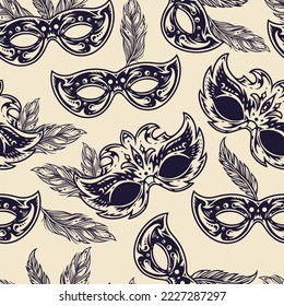 Carnival masks vintage seamless pattern monochrome for masquerade ball or party with faces hidden behind elegant glasses vector illustration