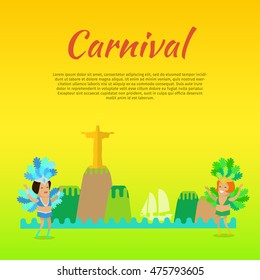 Carnival or masquerade Brazil banner. Beautiful celebration party carnival with native brazilian symbols. Place for text. Ideal for seasonal event poster, web banner or invitation. Vector illustration