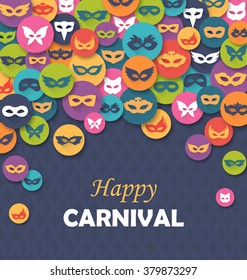 Carnival Masquerade Card with Colorful Masks on Blue Background