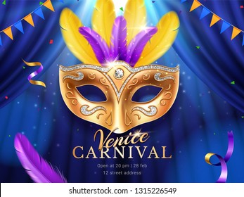 Carnival or masquerade colombina golden mask at mardi gras parade banner. Fat tuesday poster with feather and flags, crepe paper streamer and confetti. Venice party or venetian festival flyer. Holiday