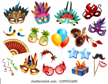 Carnival masquerade festival celebration attributes accessories realistic colorful set with presents masks glasses feathers balloons vector illustration  