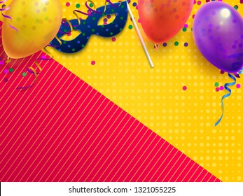 Carnival masquerade festive background. Kids birthday party with confetti, carnival mask and balloon. Masquerade invitation card, intrigue mysterious festival mask vector illustration