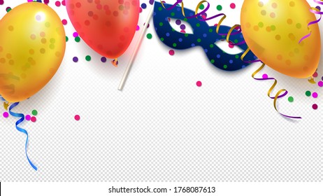 Carnival masquerade festive flat lay background. Celebration elements such as mask, colorful balloons, streamers and confetti for holiday isolated on transparent background vector illustration